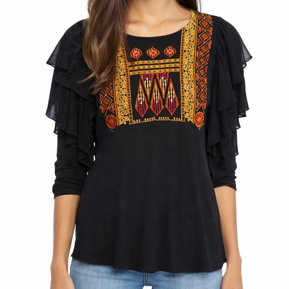 Free People Blouse Top Womens SP Shirt Black Tiered Ruffle Embroidery LA CIENGA